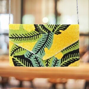 NEW Gold Yellow Botanical Boho Style Seed Beaded Crossbody Chain Clutch Handbag